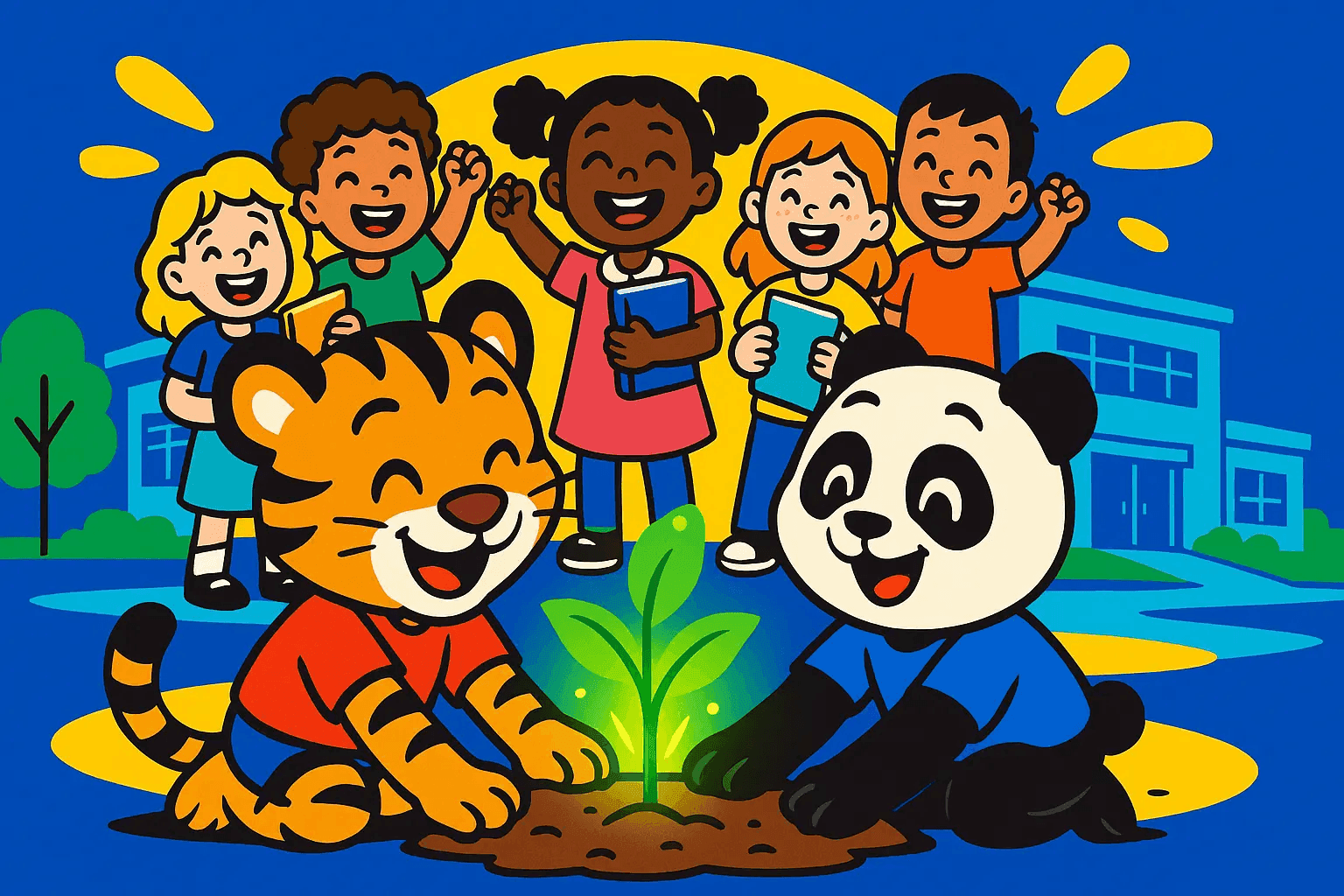 iGrow School with happy diverse students, tiger and panda mascots planting a tree